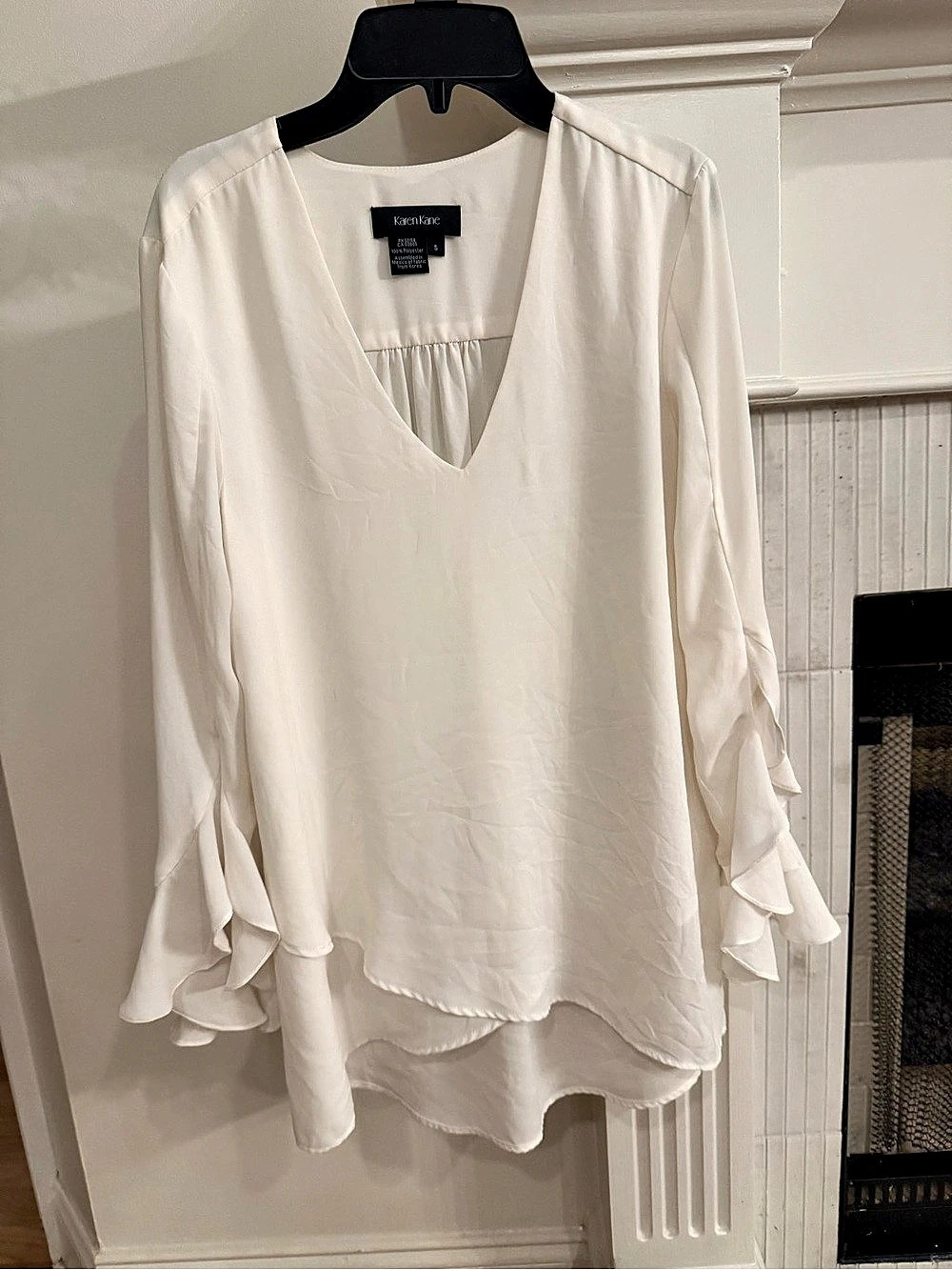 Karen Kane Ruffle Sleeve V-Neck Blouse White